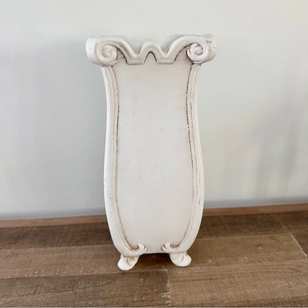 Elegant White Vintage Ceramic Classic Floral Vase Scroll 10.5 inches X 4 inches